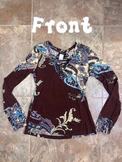 VENUS Brown Paisley Lace-Up Long Sleeve Top with Blue & Cream Accents