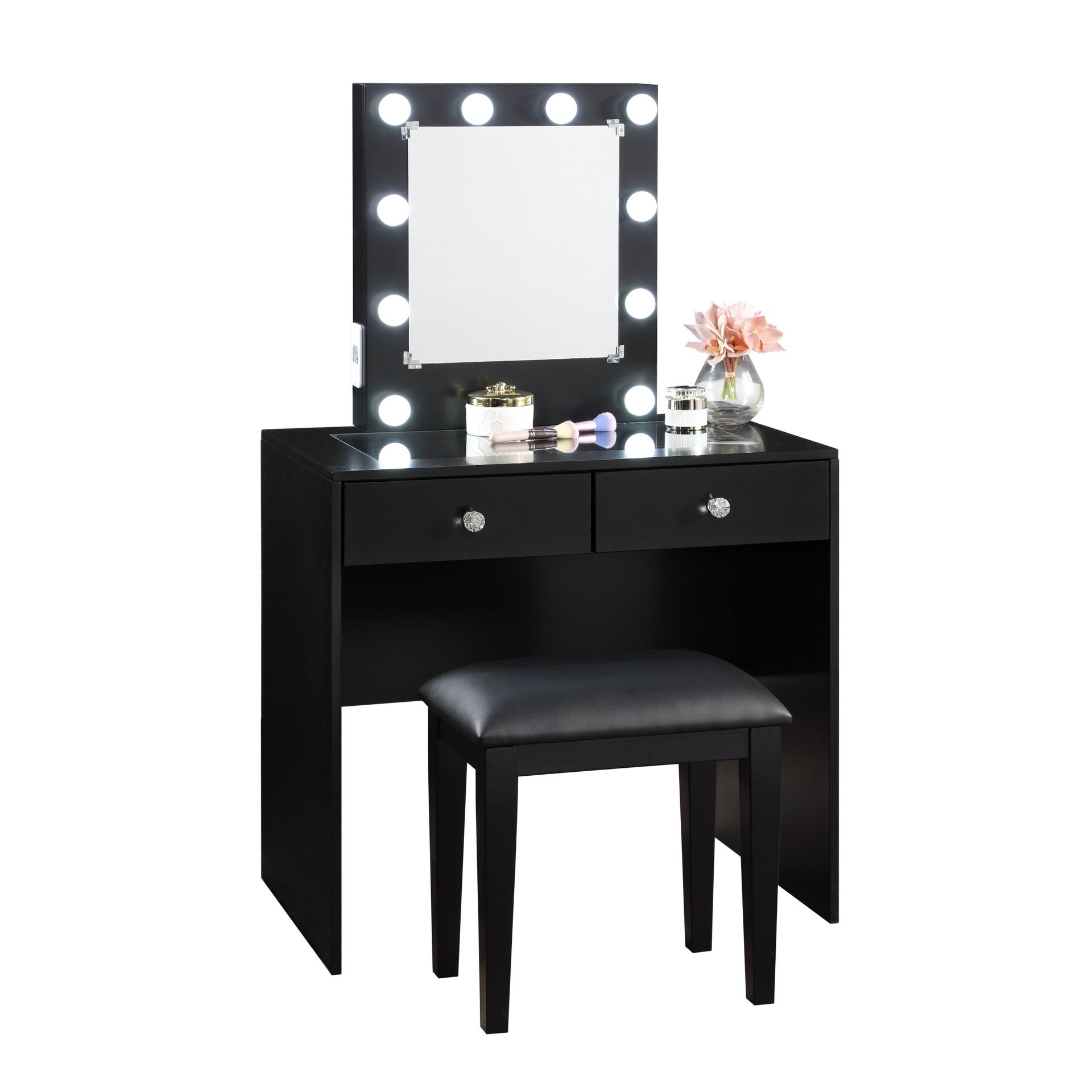 Makeup Vanity And Stool In Black Finish 