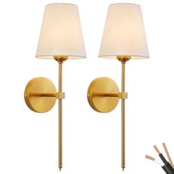 Sets of 2 Wall Sconces White Fabric lampshade Gold 