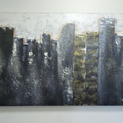 Large Scale, Hand Textured, Abstract Cityscape Painting, Signed “Bourne,” 5 ft x 2.6 ft., Perfect Condition 