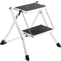 ACSTEP Folding Step Stool 2 Step Ladder Heavy Duty Metal Stepping Stools for Adults with Anti-Slip Wide Pedal Lightweight Portable Collapsible Small S
