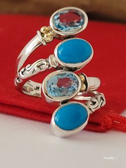 925 Sterling Silver and 18K Yellow Gold Blue Topaz and Turquoise Ring Size 5! 👌🎁Post Tags: Anillo de Plata Esterlina y Oro