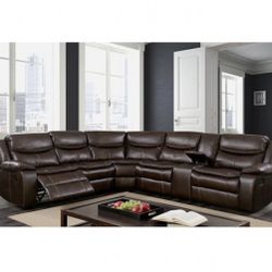 Brown Motion Sectional Sofa With Console And Cup Holders 
