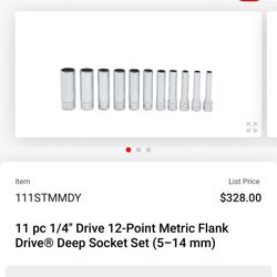 Snap On 11 pc 1/4" Drive 12-Point Metric Flank Drive® Deep Socket Set (5-14 mm)