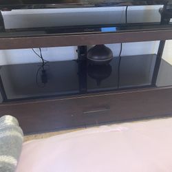 Black & Walnut TV Stand w/ Glass Top – Modern Media Console 