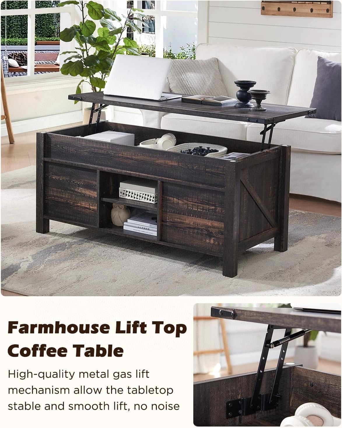 48" Farmhouse Lift Top Coffee Table with Sliding Barn Door, Rustic Center Table with Hidden Storage Compartment