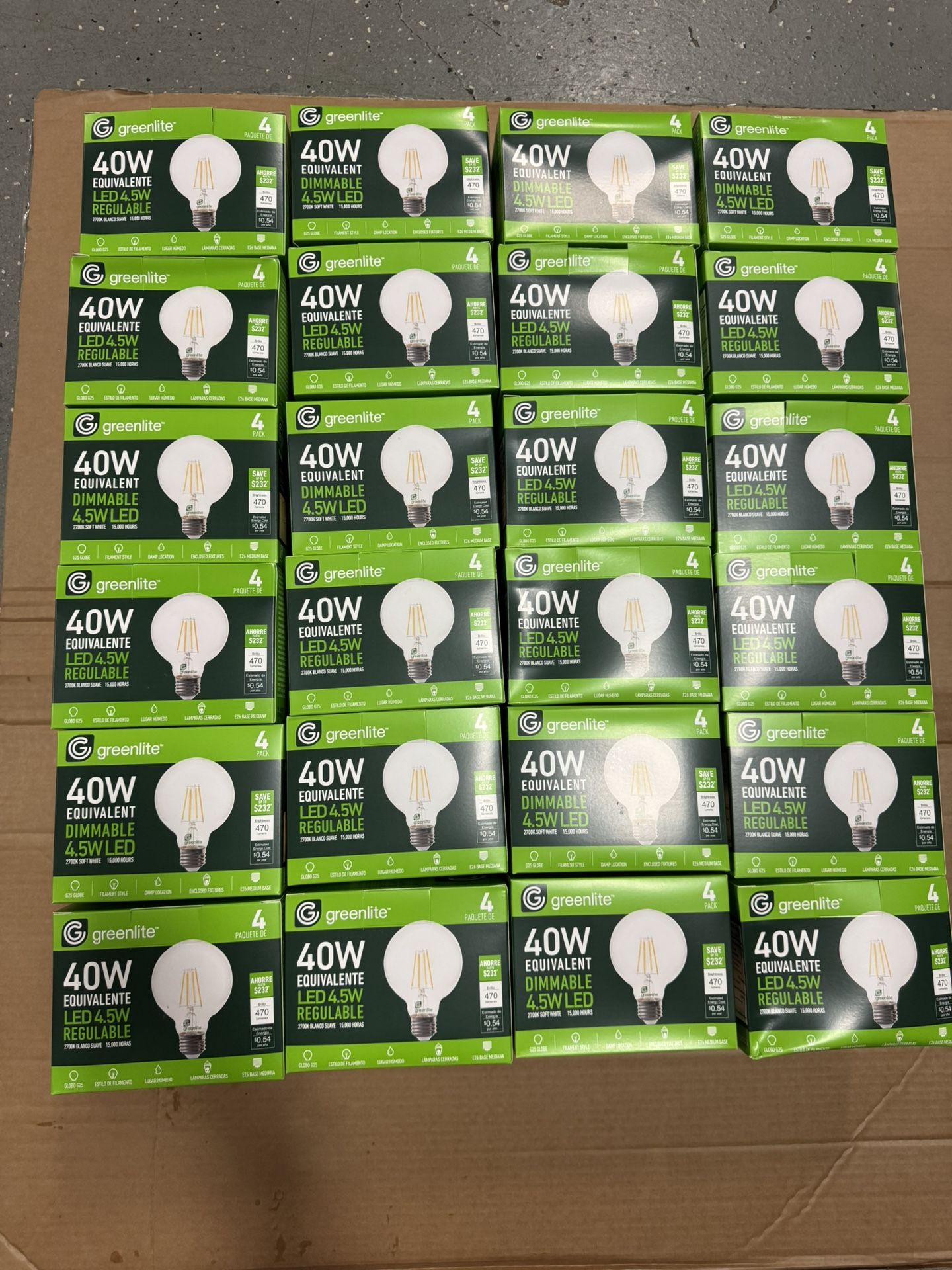 96xGreenlite 40 Watt Led 4.5 W Dimmable G25 Clear Filament Style Globe Base Bulb