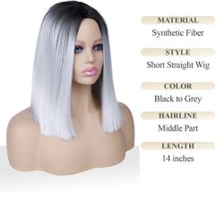 Quick Wig Ombre Wig Short Straight Bob Wig Black to Grey Wig Colorful Wigs for Girls and Women Shoulder Length Synthetic Halloween Cosplay Party Wigs 