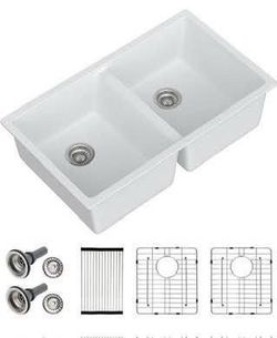 New 33x19x9 Double Bowl Undermount Kitchen Sink 50/50 Split Granite Composite