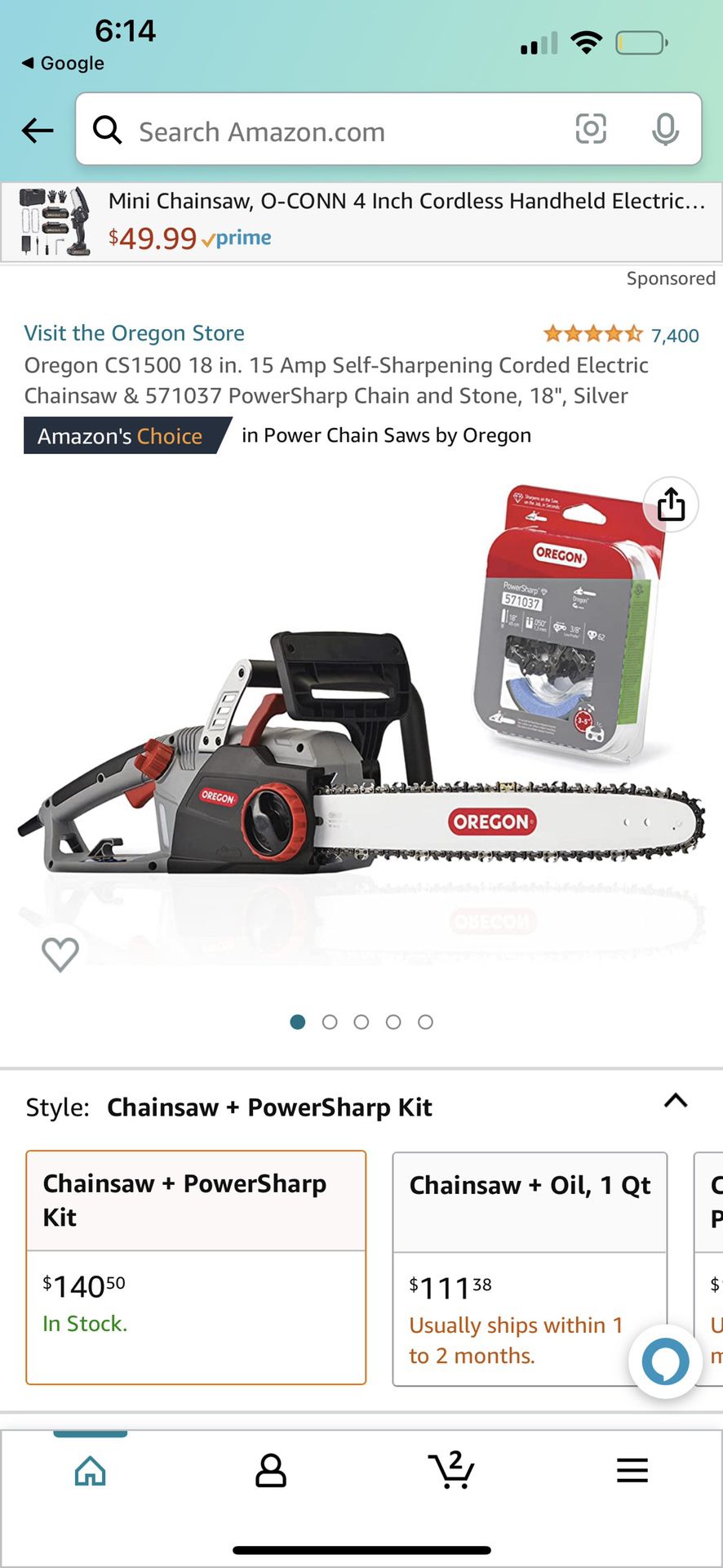 Oregon CS1500 18 in. 15 Amp Self-Sharpening Corded Electric Chainsaw & 571037 PowerSharp Chain and Stone, 18", Silver