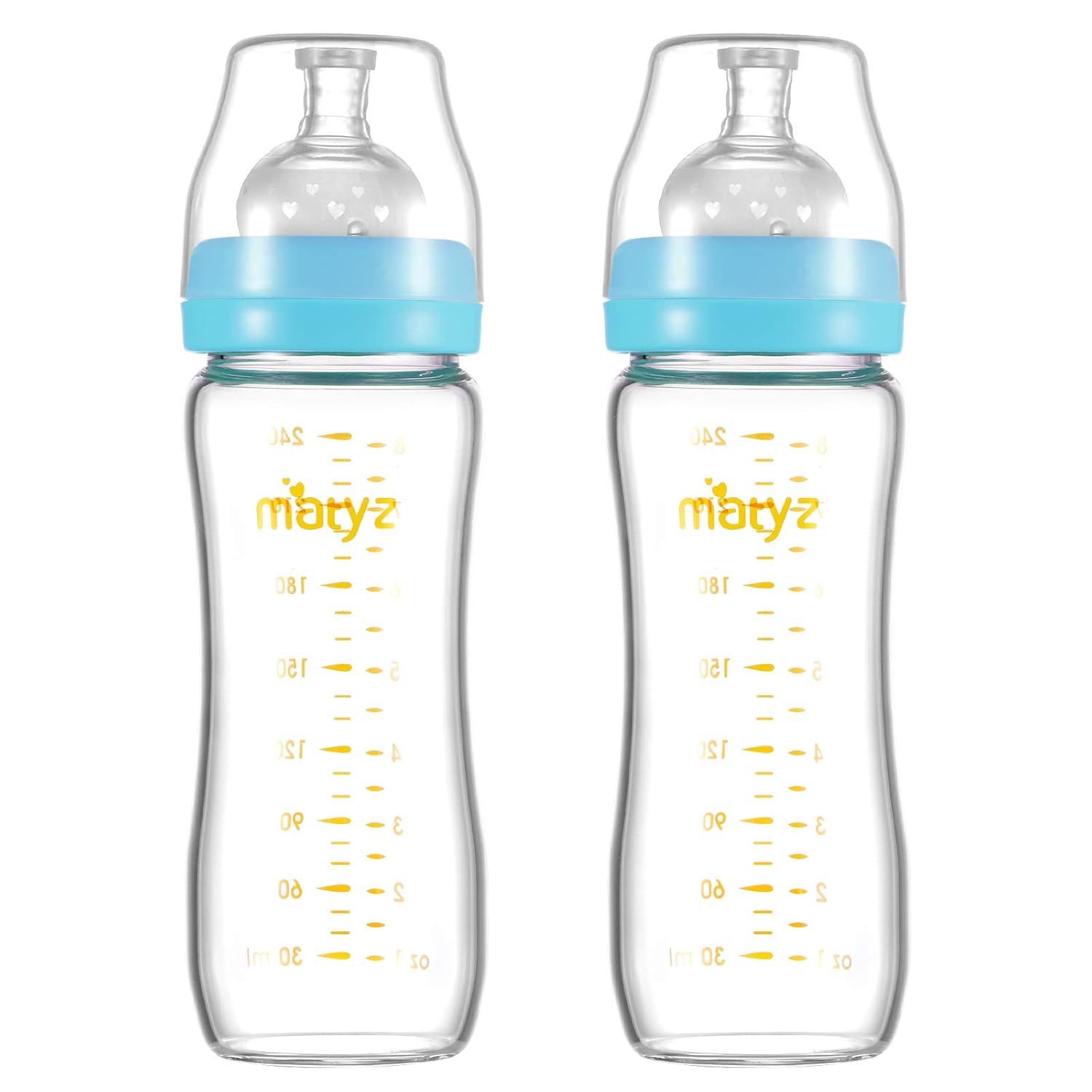 Matyz Glass Breastmilk Baby Feeding Bottle w/ Nipple, 2 Pack, 8oz Slim and Light