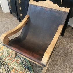 Butaque Rare Antique, Small Leather Chair, One Of A Kind, Sling back, Circa 1920’s 