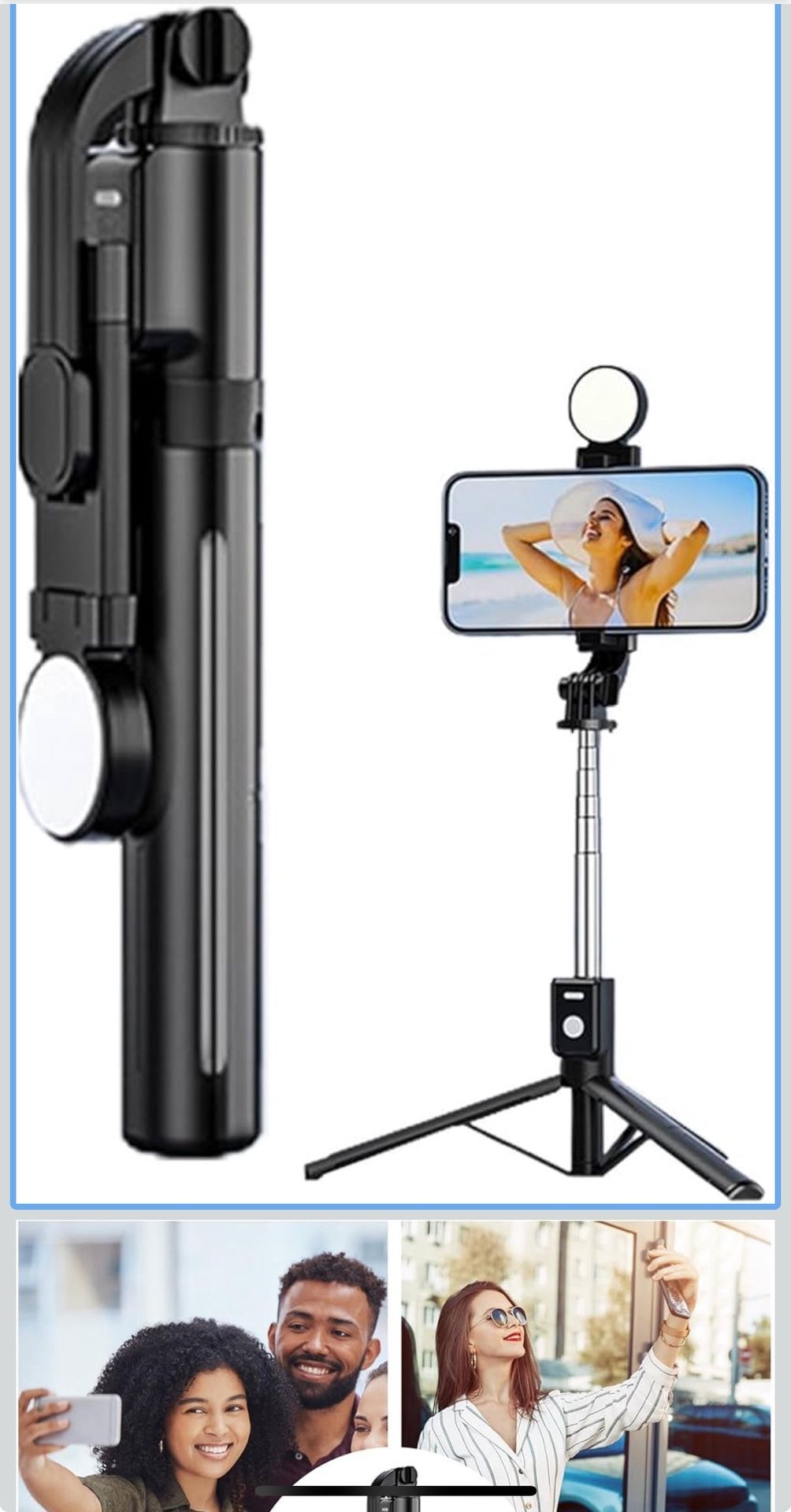 Selfie Stick Tripod, 360 Degree Screen Rotation Stable Phone Tripod, Expandable Selfie Stick Tripod with Wireless Remote, Beauty Fill Light Selfie Sti