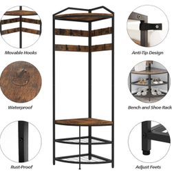 Corner Hall Tree with Shoe Bench Entryway Coat