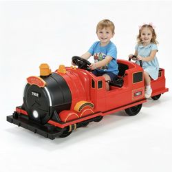 Ride On Train Trackless, 12V Kids Battery Electric Train with 2-Seater，Detachable Carriage, Extra Storage, Colorful Lights & Music, Toddlers Car Toy f