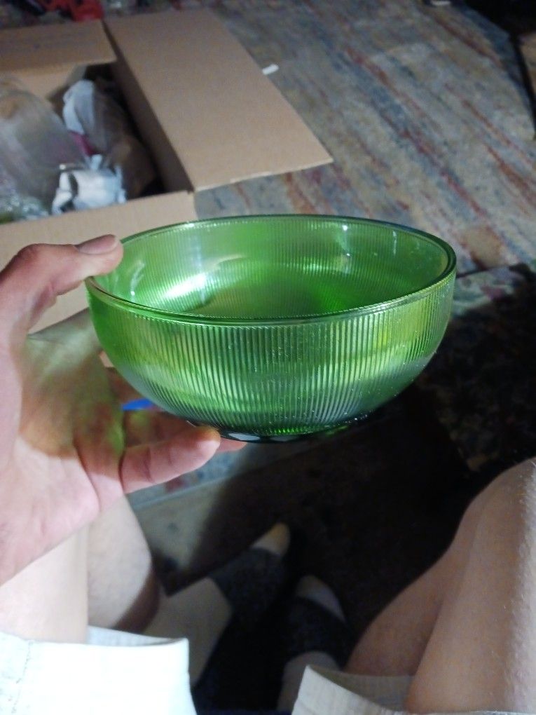 Vintage Green Depression Glass, Fine Ribbed Bowl