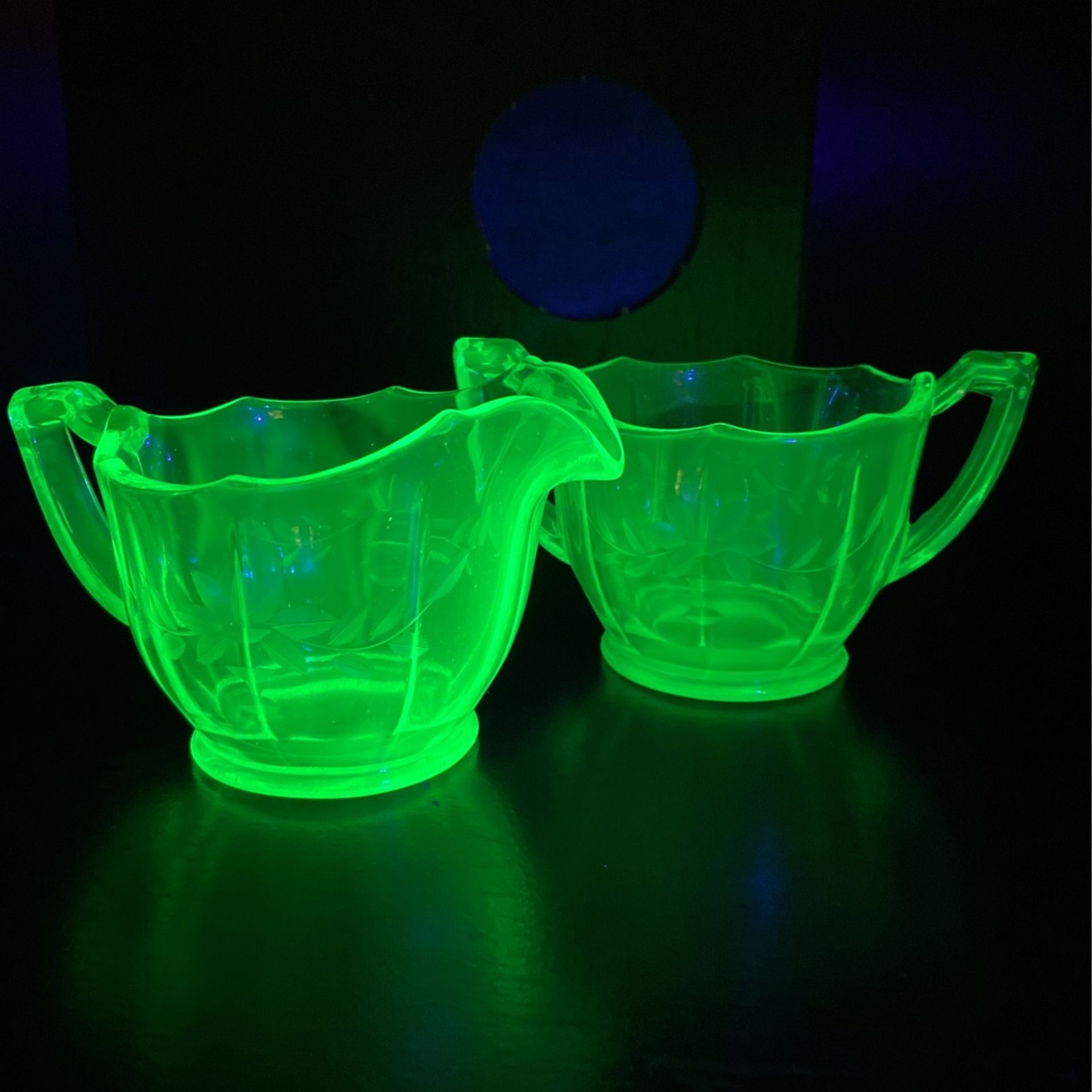 Antique Vintage Rare BLUE Uranium Vaseline Glass Etched Art Deco Cream and Sugar