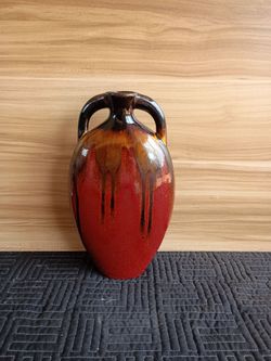 Drip Glazed Brown Rust Tall Pottery Vase w/Handles High Gloss 11.5" tall