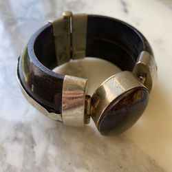 Vintage Horn / Bone + Silver Hinged Cuff Bangle Bracelet