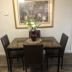 Faux Dining Table Set With 4 Leather Chairs