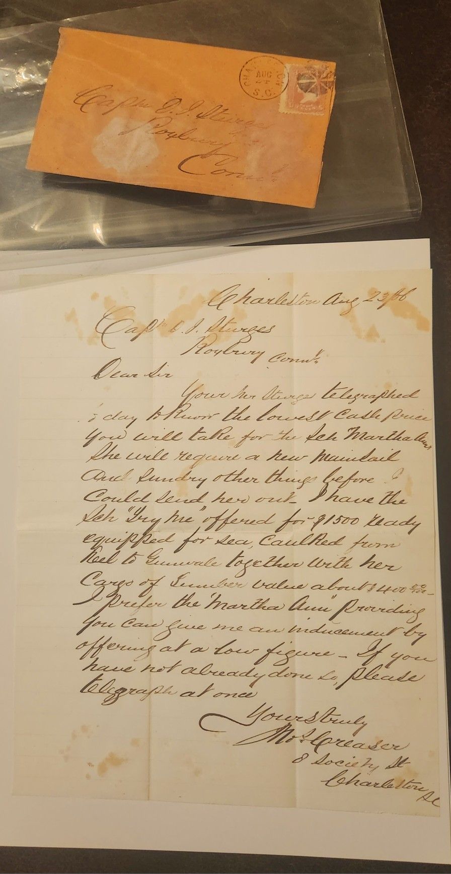 1866 Connecticut to Charleston Nautical Merchant Letter (Transcribed)