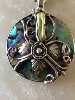 Jewelry, engraved sterling silver pendant necklace mother of pearl,hand crafted,2” drop, 19” chain