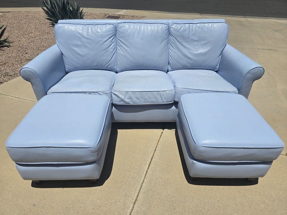 Periwinkle Leather Couch with 2 Ottomans
