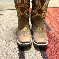 WOMEN'S WESTERN SQUARED SUN FLOWER SHAFT COWGIRL BOOTS SMOOTH LEATHER 
