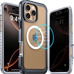 new iPhone 16 Pro Max Case, Double Front Frame Built-in 9H Tempered Glass Screen Protector + Privacy Screen Protector, Compatible with MagSafe, Magnet