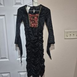 $5 Black Velour Witch Gothic Dress Girls Size Medium 8-10 Burgundy and Gold Trim Long Sleeves