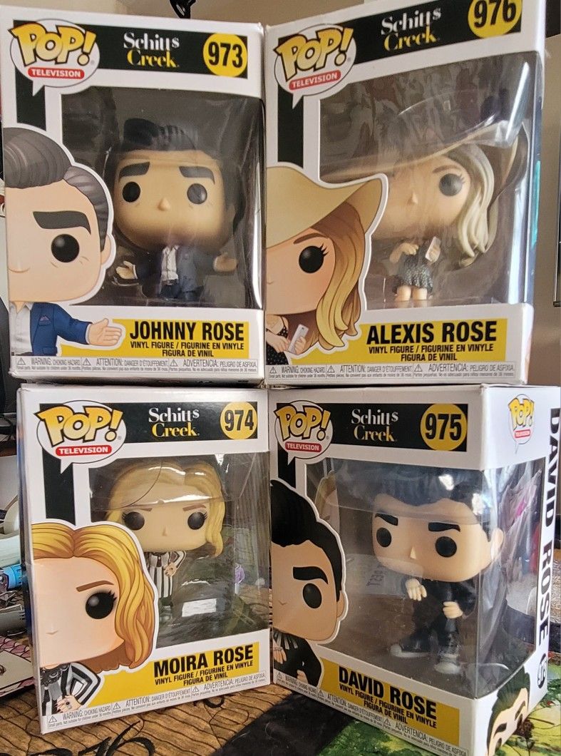 Schitt's Creek Rose family Funko Pops + knockoff T Swift