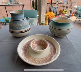 3pc Set Kanuho Navajo Native American Indian Pottery Vases & Chip Dip Platter SW Pastels