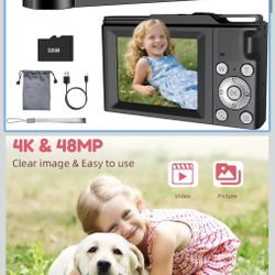 Digital Camera, FHD 4K Digital Point and Shoot Camera with 16X Zoom Anti Shake, 48MP Compact Small Camera with 32GB Card