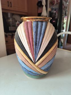 Vintage 70s handmade ceramic vase with 14 karat gold leaf