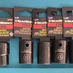 GearWrench impact sockets. Got a set of 5, all 1/2 inch drive. Sizes are 14mm, 15mm, 16mm, 17mm, and 18mm.