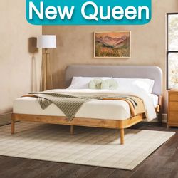Brand New Queen Size Solid Wood Platform Bed Frame with Upholstered Headboard 