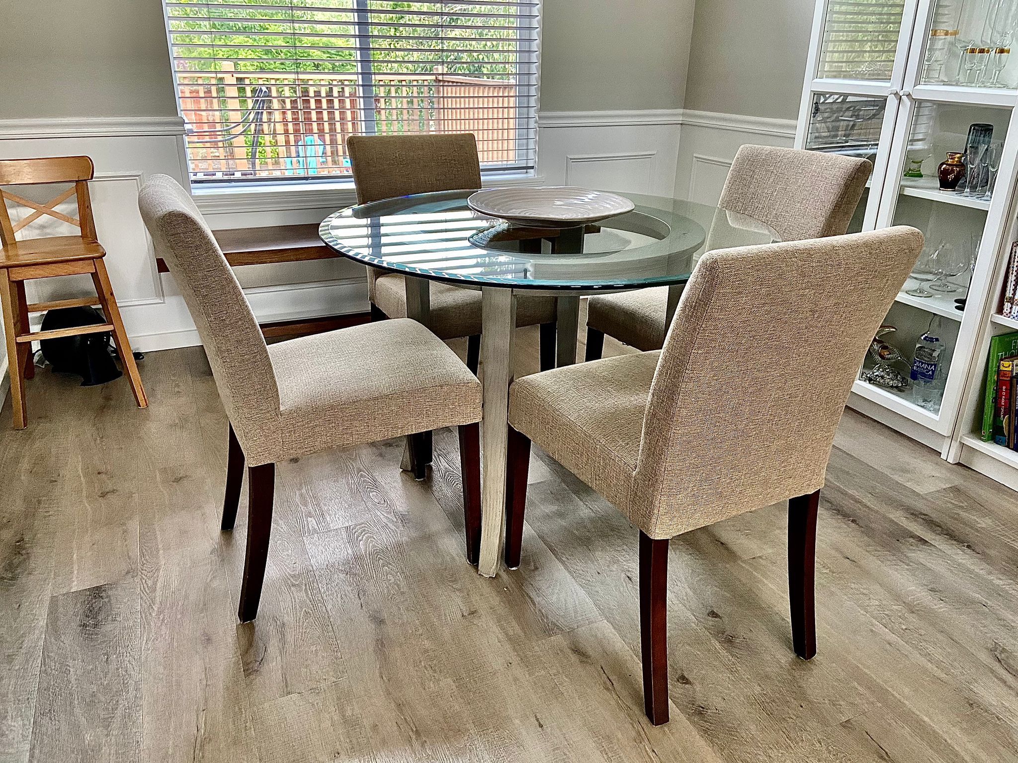 Crate and Barrel: Halo Dining Table And 4 Upholstered Chairs
