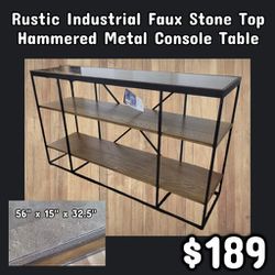 NEW Rustic Industrial Faux Stone Top Hammered Metal Console Table: njft