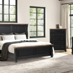 Brand New Black & Rustic Oak 4pc Queen Bedroom Set (Available In Eastern King)