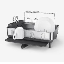 Simplehuman Kitchen Dish Drying Rack with Swivel Spout, Fingerprint-Proof Stainless Steel Frame, Grey Plastic