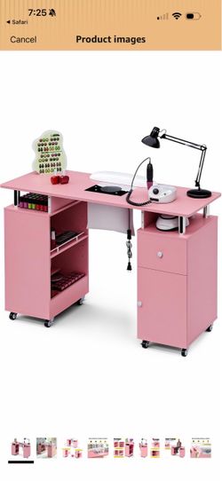 Manicure Table Nail Desk with Dust Collector & Wheels (Pink) Arm Rest, 4 Dust Bags, Drawer, Cabinet & Storage Shelves, Mobile Nail Stration, Beauty Sa