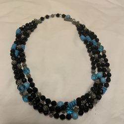 Vintage 14” Beaded Necklace Blue Silver And Black In Mint Condition 