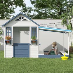Kids Playhouse with Sandbox, Wooden Outdoor Cottage Play House with Sand Pit for Backyard Garden Ages 3 to 10 Years Old (Grey)