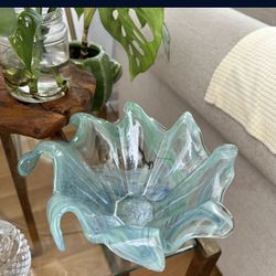 Murano Aquamarine Crystal Hand Made In Italy Blown Art Sculpture Glass Bowl
