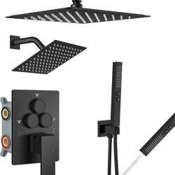 Aolemi Shower Faucet Set Ceiling Mount Shower System Rough-in Valve and Shower Trim Kit 2 in 1 Handheld Spray Push Button Diverter 10 and 6 Inch Dual 