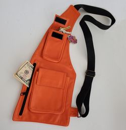 Orange Genuine Leather Sling Bag, Shoulder Bag, Cross Body Bag with Dual Zippers And Pockets

