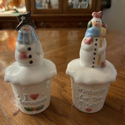 Adorable Set of 2 2000 Nancye Williams Coyne’s & Company Snowmen Candle Holders 
