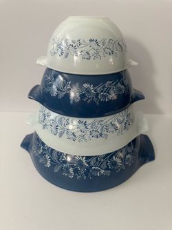 Vintage Pyrex Set 4 Colonial Mist Cinderella Nesting Bowls 441, 442, 443, 444