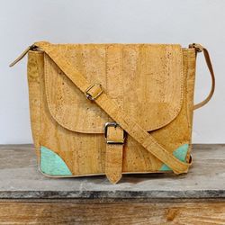 Crossbody Purse, Tan & Turquoise Cork Leather