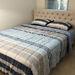 Queen Mattress & Zinus Upholstered Bed Frame - Excellent Condition